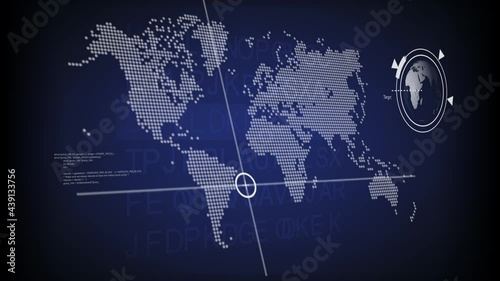 Motion graphic of world map sonar radar screen searching an object with line digital technology background, world map with radar,world map target aiming monitor point moving around world map.