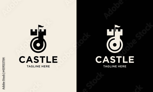 Vector logo design, castle fortress in circle symbol icon. Logotype templates.