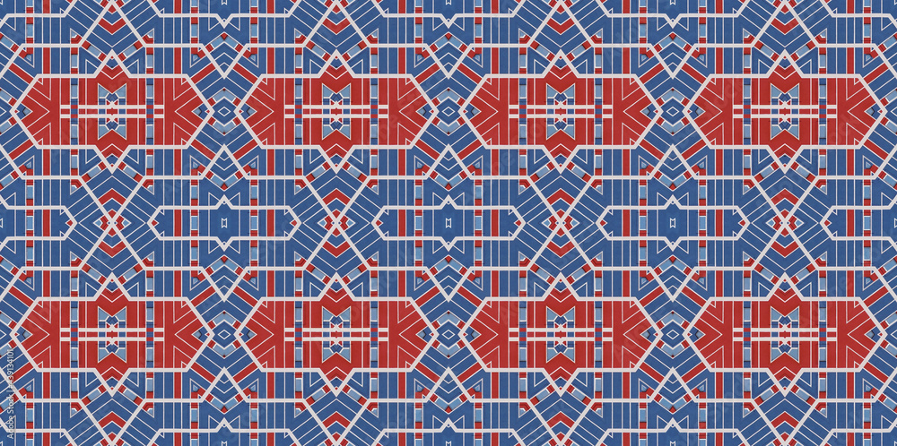 seamless pattern of red and blue tiles in Moroccan style