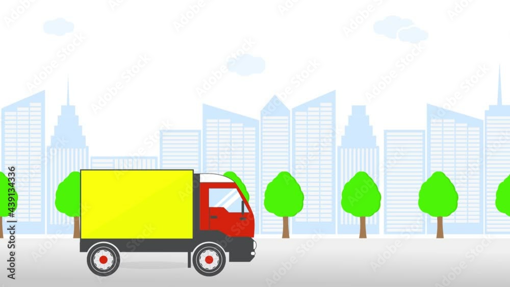 Delivery truck animation against the background of city. 2D animation