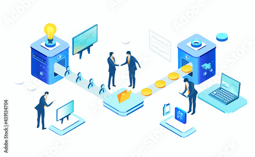 Isometric 3D business environment with business people working around conveyer belt, manufacturing parts, gears, money. New start up business, management, support infographic concept. 