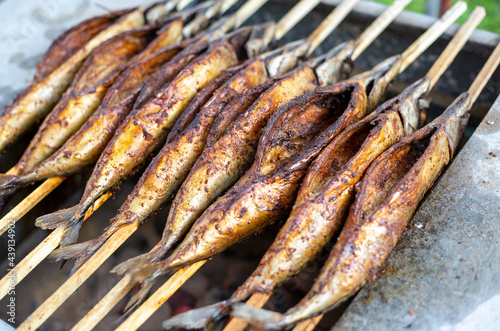 Close up of delicious, marinated grilled mackrele on the BBQ grill,  seafood concept