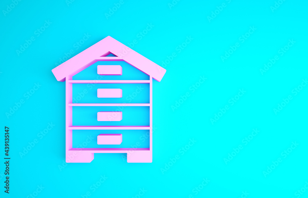 Pink Hive for bees icon isolated on blue background. Beehive symbol. Apiary and beekeeping. Sweet natural food. Minimalism concept. 3d illustration 3D render Pink Hive for bees icon isolated on blue background. Beehive symbol. Apiary and beekeeping. Sweet natural food. Minimalism concept. 3d illustration 3D render