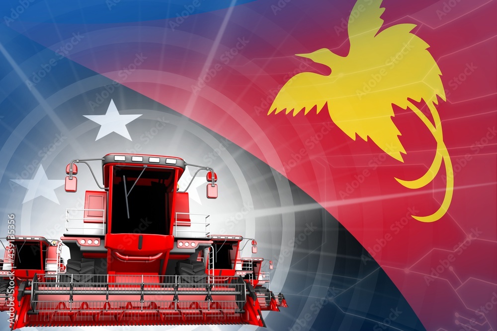 Digital industrial 3D illustration of red modern wheat combine harvesters on Papua New Guinea flag, farming equipment modernisation concept
