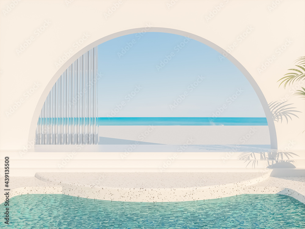 Summer scene with geometrical forms, arch with a podium in natural day light. sea view. 3D rendering background. - obrazy, fototapety, plakaty 