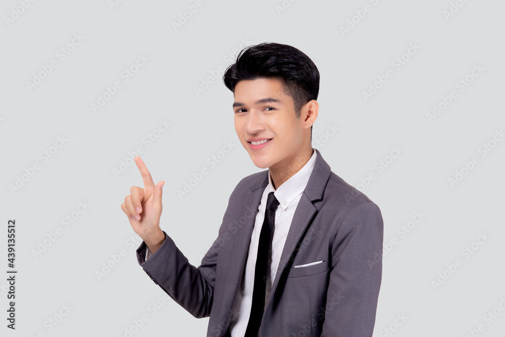 Portrait young asian business man pointing and presenting isolated on white background, advertising and marketing, executive and manager, male confident showing success, expression and emotion. Portrait young asian business man pointing and presenting isolated on white background, advertising and marketing, executive and manager, male confident showing success, expression and emotion.