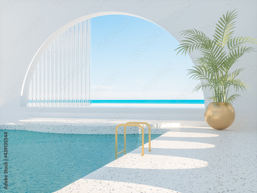 Summer scene with geometrical forms, arch with a podium in natural day light. sea view. 3D rendering background.