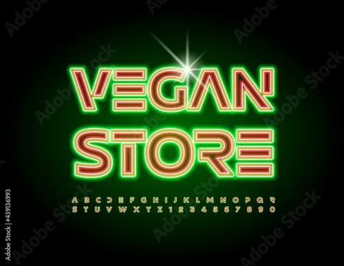 Vector glowing emblem Vegan Store. Illuminated Neon Font. Led Alphabet Letters and Numbers set