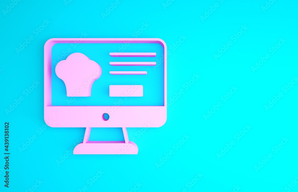 Pink Online ordering and fast food delivery icon isolated on blue background. Minimalism concept. 3d illustration 3D render