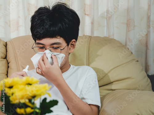 Young boy sneezing and blowing nose with nazal sprays because pollen allergy from yellow flower in foreground in the room. allergy cocnept. photo