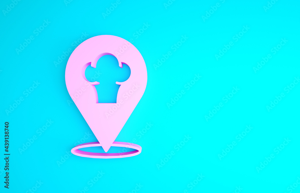 Pink Chef hat with location icon isolated on blue background. Cooking symbol. Cooks hat. Minimalism concept. 3d illustration 3D render Pink Chef hat with location icon isolated on blue background. Cooking symbol. Cooks hat. Minimalism concept. 3d illustration 3D render