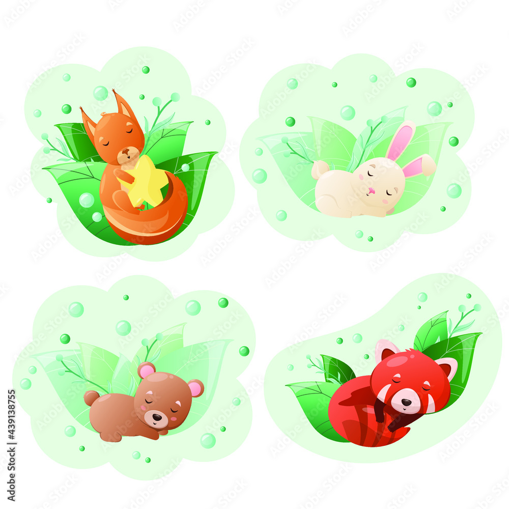 Naklejka premium Cute forest animals sleep in green leaves. A set of children's illustrations. Squirrel, hare, bear and red panda.Nursery