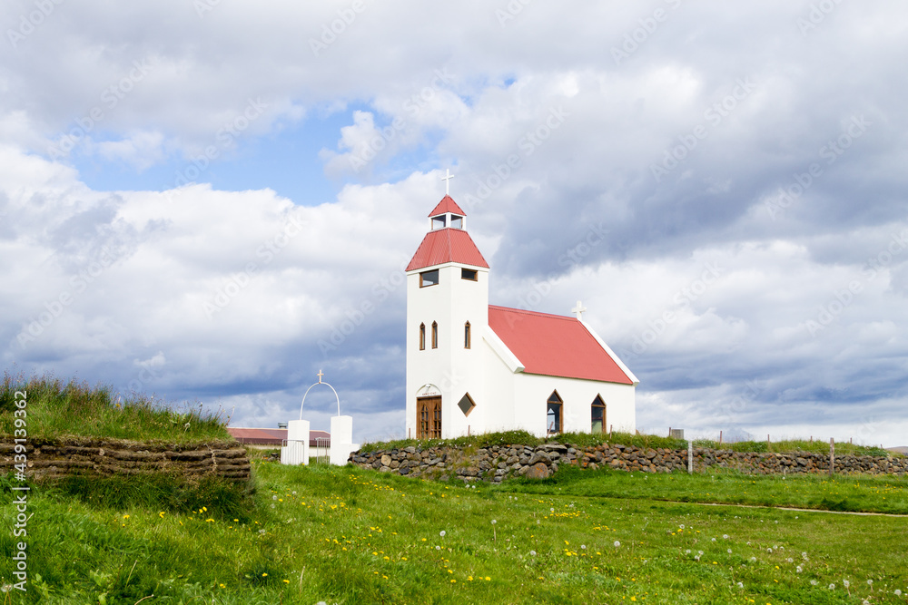 Modhrudalur church close up, Iceland. Small church