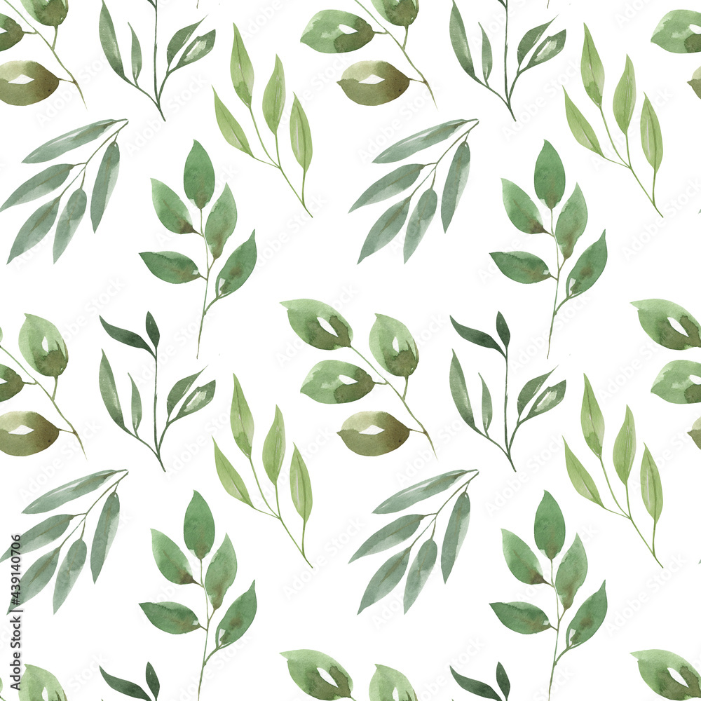 Fototapeta premium Hand drawn watercolor pattern. Pattern of leaves, wild herbs, flowers, field plants for textiles, napkins, scrapbooking, backgrounds, wallpapers, wrapping paper.