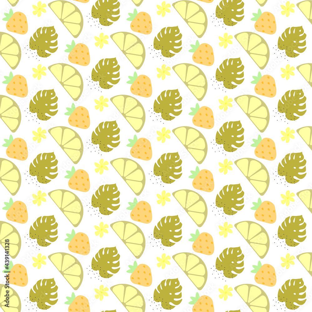 Colorful vector summer seamless pattern with fruits illustration isolated on colour background. Natural style. 