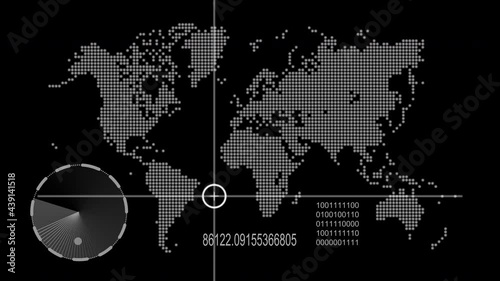 Motion graphic of world map sonar radar screen searching an object with line digital technology background, world map with radar,world map target aiming monitor point moving around world map. 4k