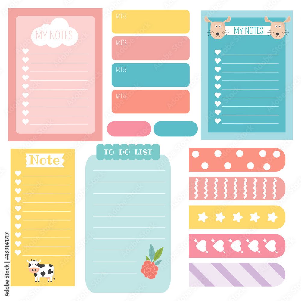 Cute sticky note. Stationary set .Printable planner stickers. Template for your message. Decorative planning element. Cute note. Vector illustration.
