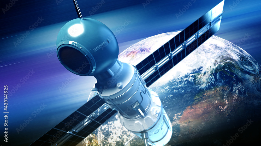 global satellite system. Communication satellite on futuristic space background