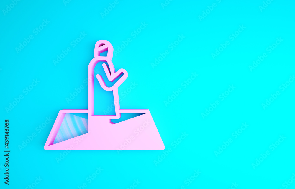 Pink Muslim man prays on the carpet icon isolated on blue background. Minimalism concept. 3d illustration 3D render Pink Muslim man prays on the carpet icon isolated on blue background. Minimalism concept. 3d illustration 3D render