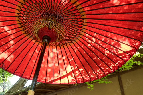 Traditional red umbrella and shadow of Japanese maple leaves                                                            