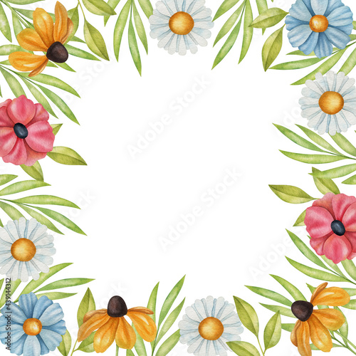 Watercolor frame with wildflowers. Bright floral illustration with space for text.