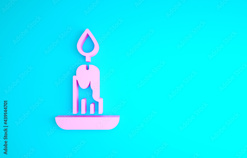 Pink Burning candle icon isolated on blue background. Cylindrical candle stick with burning flame. Minimalism concept. 3d illustration 3D render Pink Burning candle icon isolated on blue background. Cylindrical candle stick with burning flame. Minimalism concept. 3d illustration 3D render