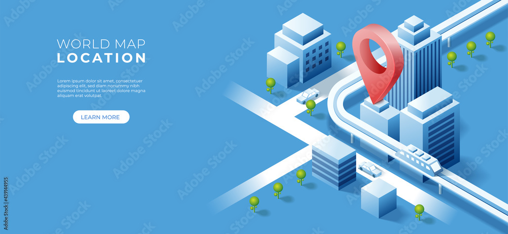 Obraz premium Navigator 3D isometric pin location checking on cityscape map background. Locator position point. Vector art illustration