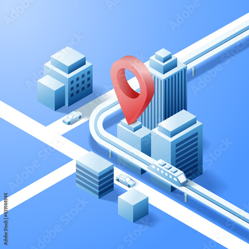 Navigator 3D isometric pin location checking on cityscape map background. Locator position point. Vector art illustration