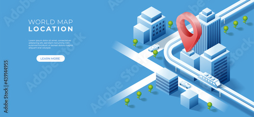 Navigator 3D isometric pin location checking on cityscape map background. Locator position point. Vector art illustration