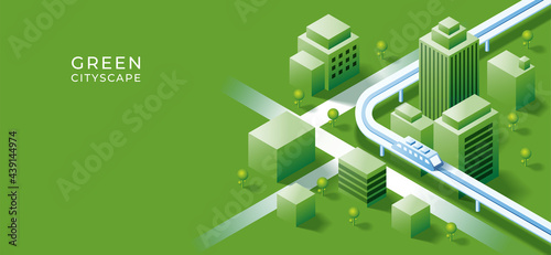 3D isometric building on urban city  background. Green and sustainability with smart city concept. Vector art illustration