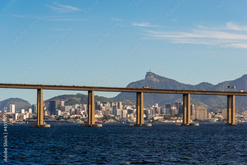 Rio - Niteroi Bridge Crossing Guanabara Bay and Rio de Janeiro City Behind With the Corcovado Mountain