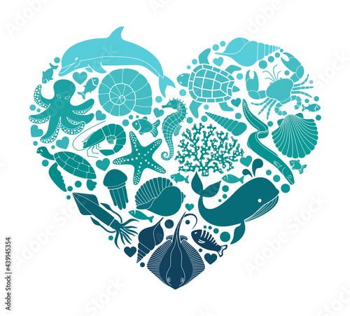 A sea or ocean of underwater life with different animals and marine objects united in a heart shape.