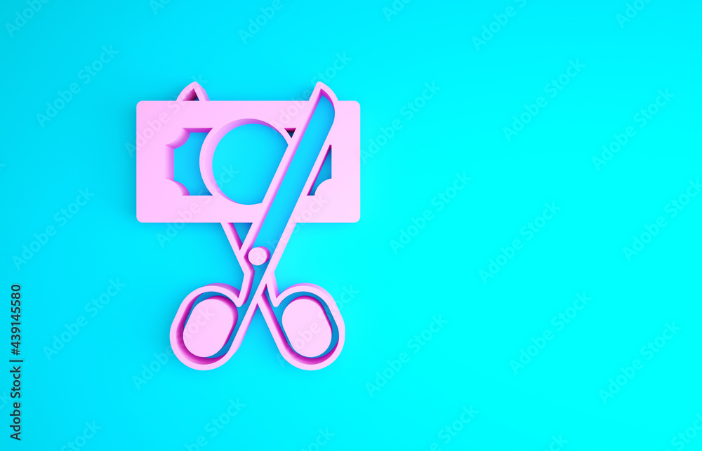 Pink Scissors cutting money icon isolated on blue background. Price, cost reduction or price reduction icon concept. Minimalism concept. 3d illustration 3D render Pink Scissors cutting money icon isolated on blue background. Price, cost reduction or price reduction icon concept. Minimalism concept. 3d illustration 3D render