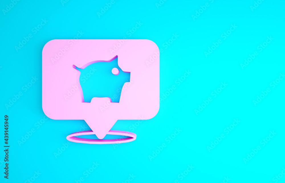 Fototapeta premium Pink Piggy bank icon isolated on blue background. Icon saving or accumulation of money, investment. Minimalism concept. 3d illustration 3D render