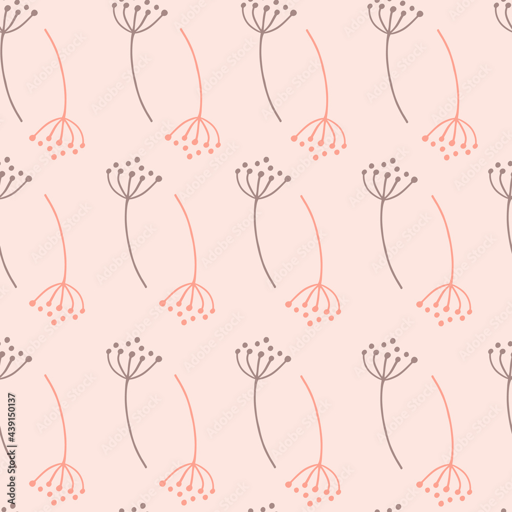 Organic vintage seamless pattern with purple and pink contoured dandelion shapes.