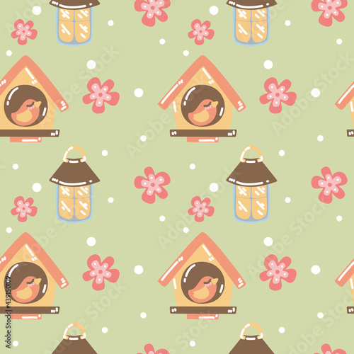 Cute gardening tools, kerosene lamp,  pink flowers, plants, nesting box, birdhouse seamless pattern on green background