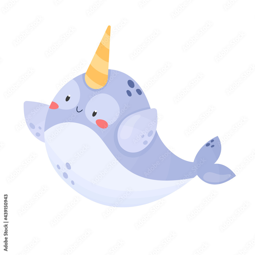 Cute smiling narwhal  isolated on white background. Lovely Unicor whale. Cartoon style vector illustration. Sea animal, underwater wildlife. Adorable character for kids, nursery, print

