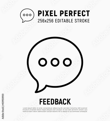 Feedback, review thin line icon. Speech bubble with three dots. Pixel perfect, editable stroke. Vector illustration.