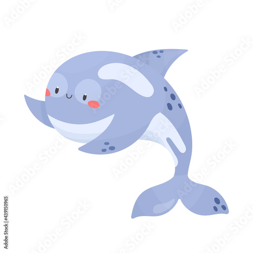 Cute smiling killer whale isolated on white background. Cartoon style vector illustration. Sea animal  underwater wildlife. Adorable character for kids  nursery  print  