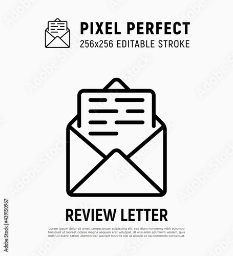 E-mail thin line icon. Open envelope with letter. Pixel perfect, editable stroke. Online message, promotion, feedback. Vector illustration.