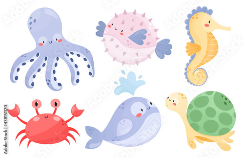 Collection of cute sea animals. Octopus, Pufferfish, Seahorse, Crab, Whale, Turtle. Cartoon style vector illustration. Underwater life. Adorable character for kids, nursery, print
