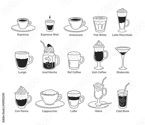 Line art illustration set of coffee cups