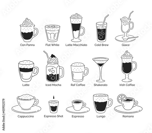 Line art illustration set of coffee cups