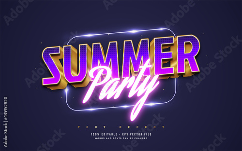 Summer Party Text in Colorful Retro Style with Glowing Neon Style. Editable Text Style Effect