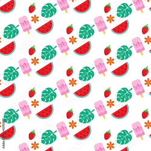 Summer model. Watermelon, strawberry, ice cream, leaf, flower. Vector illustration !