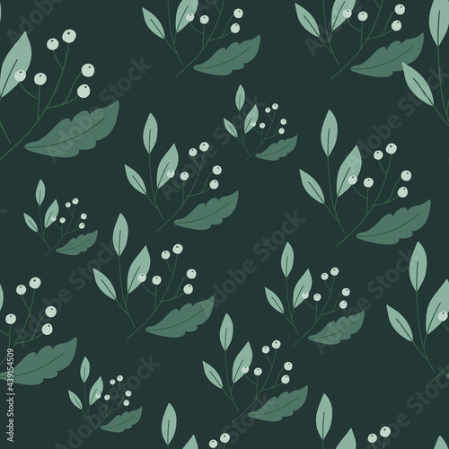 Natural seamless pattern with wild berries and foliage ornament. Dark background. Green tones.