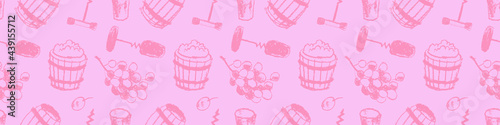Wine pattern seamless. Winemaking illustration set. Drawings for winery, wine shop, viticulture wallpaper, label biodynamic wines. Bottle screw, barrel, grape, stopper. Wine tasting banner template.