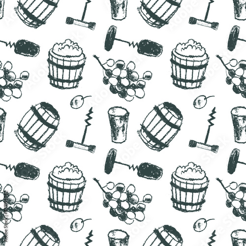 Wine pattern seamless. Winemaking illustration set. Drawings for winery, wine shop, viticulture wallpaper, label biodynamic wines. Bottle screw, barrel, grape, stopper. Wine tasting banner template.