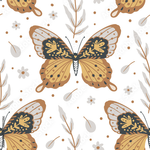 Boho butterfly seamless pattern on a white background. Summer moth wallpaper illustration. Retro vintage fashion hand drawn nature ornament.