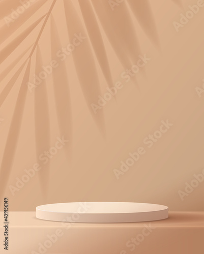Cosmetic light brown background minimal and premium podium display for product presentation branding and packaging presentation. studio stage with shadow of leaf background. 3D illustration design